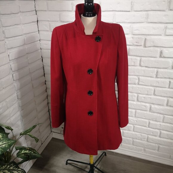 Laura Ladies Size 12 Red Wool Blend Straight Fit Button Front Lined Pea Coat - Picture 6 of 9